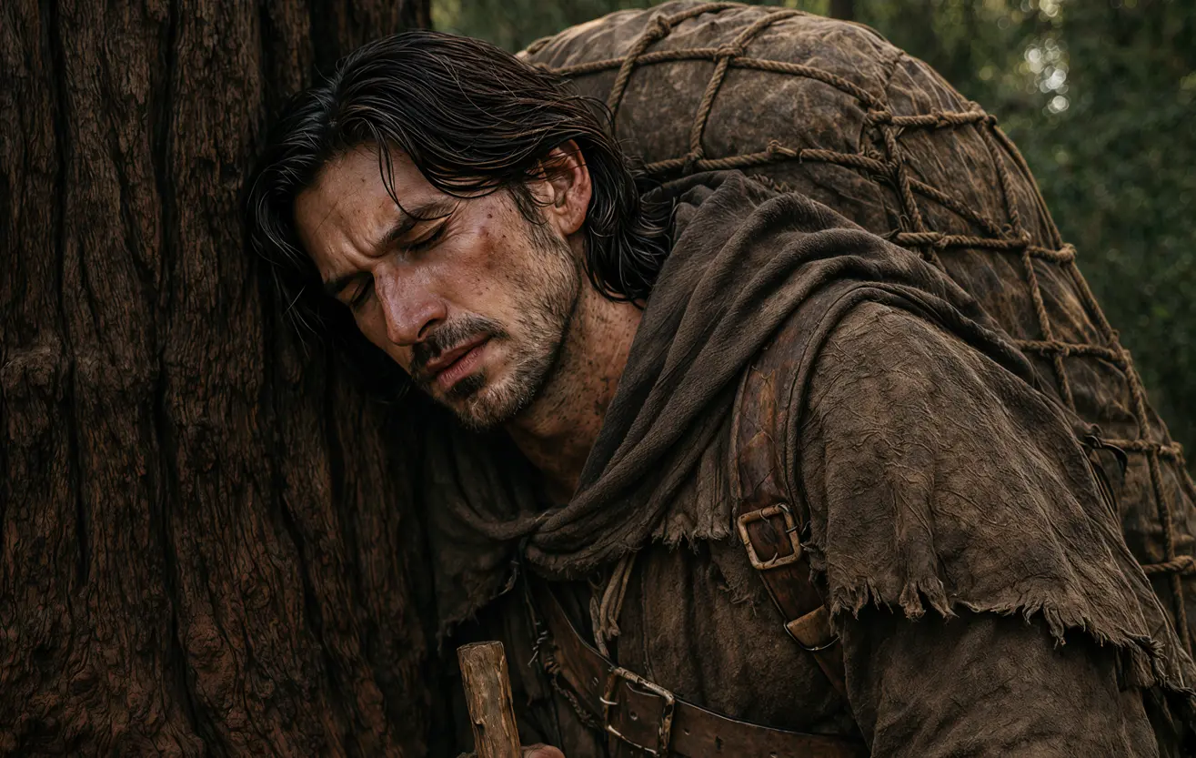 Christian collapsed against a tree under his burden